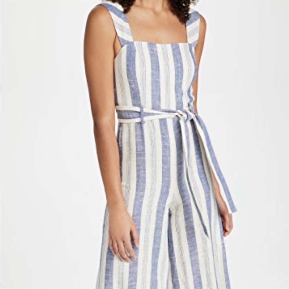 Alice + Olivia Blue & White Striped Cropped Jumpsuit with Tie Belt